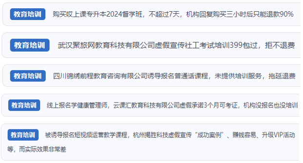 “人民投訴”用戶舉報(bào)機(jī)構(gòu)虛假宣傳包過包拿證、虛假承諾收益效果、課程服務(wù)貨不對(duì)板、退款難等在線教培亂象。(“人民投訴”平臺(tái)截圖)
