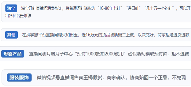 “人民投訴”用戶投訴直播間網(wǎng)購(gòu)珠寶玉石、家電、培訓(xùn)課程等產(chǎn)品遭遇欺詐的情況。(“人民投訴”平臺(tái)截圖)
