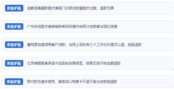 網(wǎng)友涉及醫(yī)美機構(gòu)虛假宣傳、誘導消費、致傷客戶、違約不退費等消費侵權(quán)的相關(guān)投訴。(“人民投訴”用戶投訴截圖)