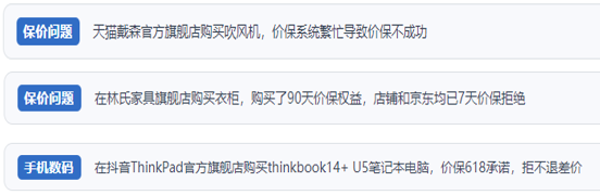 用戶反映“618”大促期間平臺/商家“價保”不兌現(xiàn)亂象多發(fā)問題。（“人民投訴”平臺截圖）